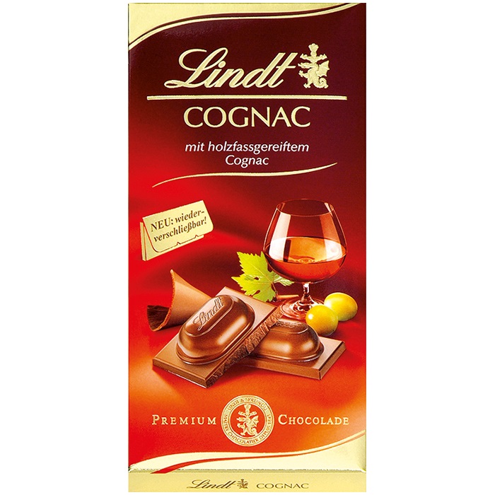 Tableta Chocolate con Leche Extrafino con Relleno de Cognac Lindt 100 g.